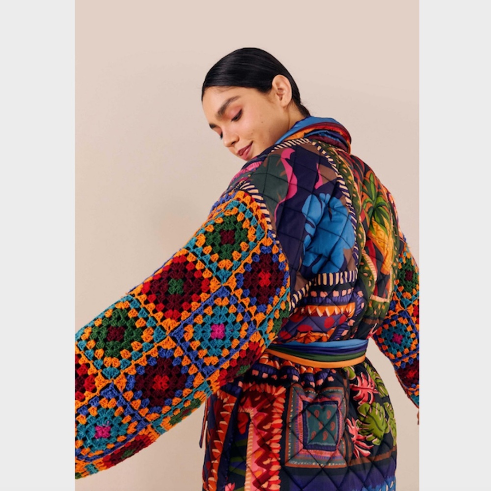 Farm Rio Patchwork Tapestry Crochet Puffer Jacket Size L - Picture 9 of 13